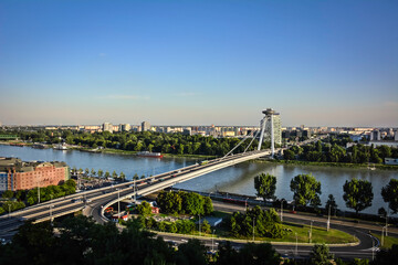 Fototapeta na wymiar The UFO Bridge of Bratislava Seen from the Castle - Slovakia