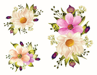 Watercolor bouquet vector painting with flowers and leaves