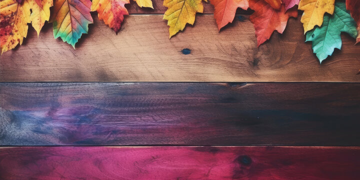 Colored wood background with autumn leaves, Generative AI