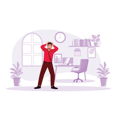 Businessman standing in the office feeling tired and stressed. Trend Modern vector flat illustration.