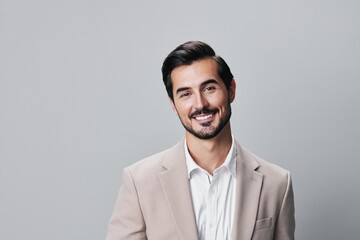 portrait man handsome happy smiling beige business suit person copyspace businessman