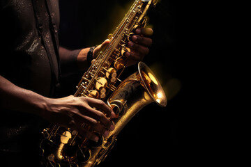 Close-up of a man with saxophone on dark background, Generative AI - obrazy, fototapety, plakaty