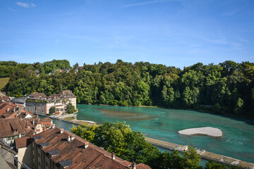 Fototapeta na wymiar Aerial View of Aare River Banks on a Bright Summer Day in Bern, Switzerland