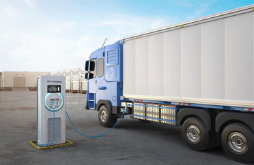 Ev logistic trailer truck or electric vehicle lorry at charging station © phonlamaiphoto