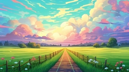 The serene summer scenery boasts a lush green field and sunset sky. (Illustration, Generative AI)