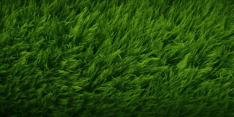 Fototapeta premium Wide format background image of green carpet of neatly trimmed grass. Beautiful grass texture on bright green mowed lawn, field, grassplot in nature