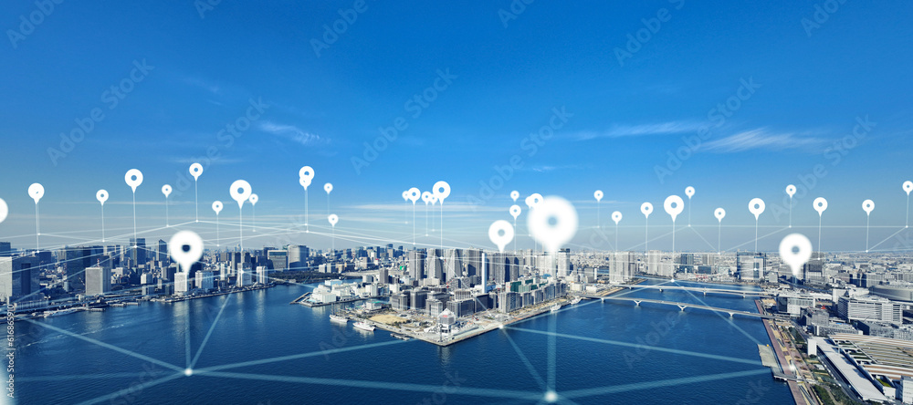 Poster Modern cityscape and location information concept. GPS. Global Positioning System. Navigation map. Composite visual with a drone point of view. Mixed media.
