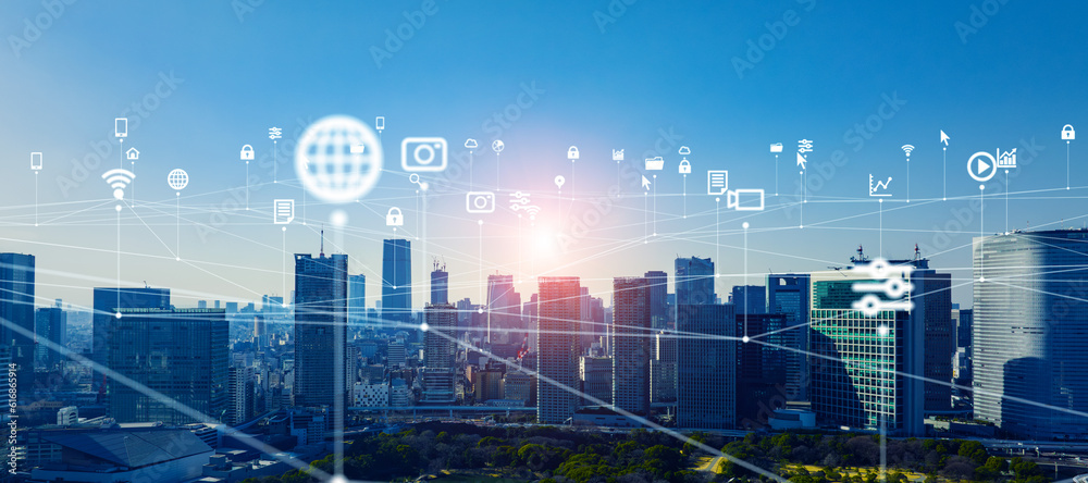 Poster Modern cityscape and communication network concept. Telecommunication. IoT (Internet of Things). 5G. Smart city. Digital transformation. Composite visual with a drone point of view. Mixed media.