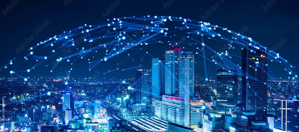 Poster Modern cityscape and communication network concept. Telecommunication. IoT (Internet of Things). 5G. Smart city. Digital transformation. Composite visual with a drone point of view. Mixed media.