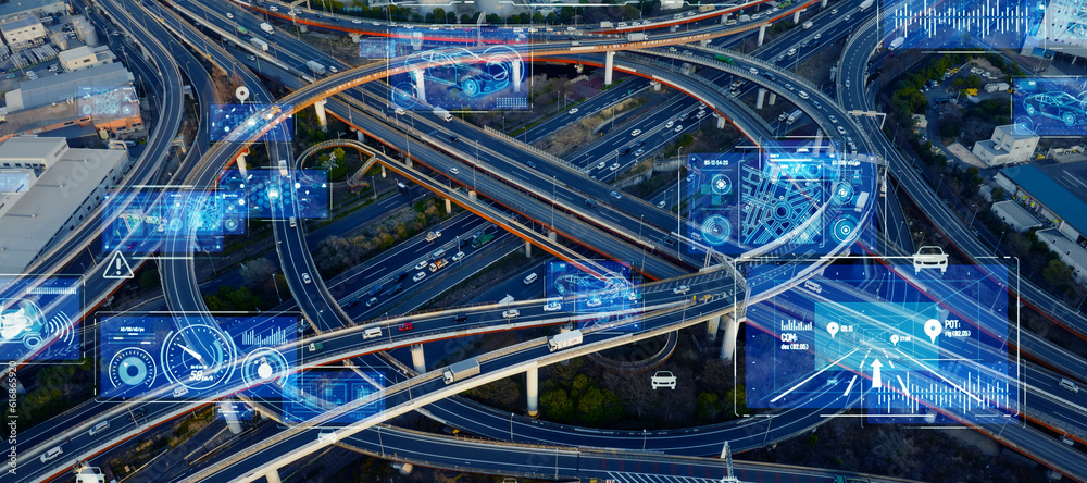 Fototapete Modern highway and Data technology concept. Smart transportation. ITS (Intelligent Transport Systems). Mobility as a service.Composite visual with a drone point of view. Mixed media.