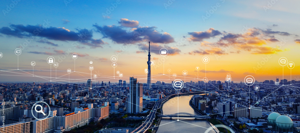 Poster Modern cityscape and communication network concept. Telecommunication. IoT (Internet of Things). 5G. Smart city. Digital transformation. Composite visual with a drone point of view. Mixed media.