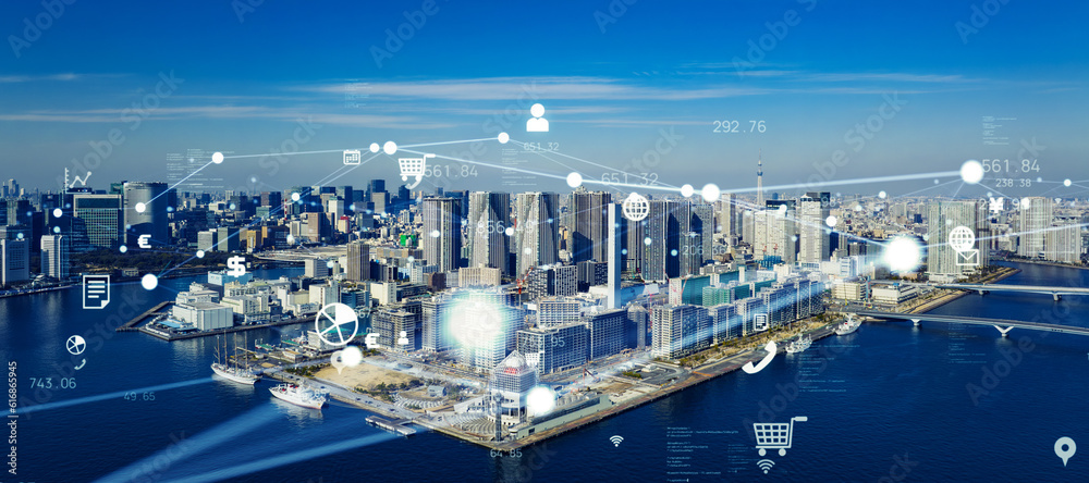 Poster Modern cityscape and communication network concept. Telecommunication. IoT (Internet of Things). 5G. Smart city. Digital transformation. Composite visual with a drone point of view. Mixed media.