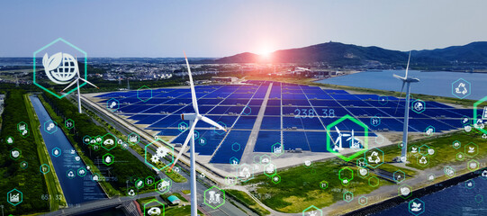 Wind power plant and solar power plant drone point of view and environmental technology concept....