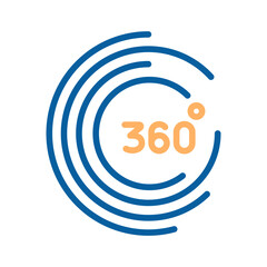 360 degrees. 360º area view, virtual reality related vector graphic element linear stroke icon in blue and orange