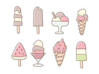 Collection set of icecream summer doodles. Vector hand drawn illustrations. Delicious sweet ice cream cold snacks