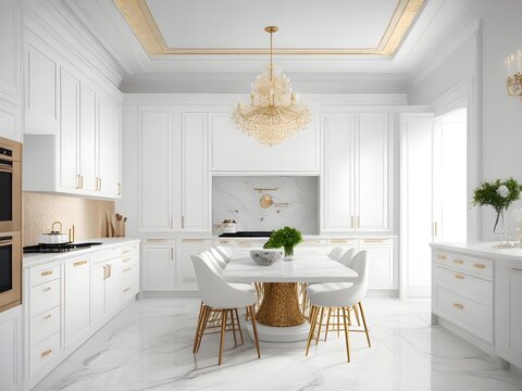 Modern illustration of White paint luxury kitchen with beautiful and complete interior and furniture in new house. generative AI	
