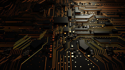 Discover the mesmerizing fusion of technology and aesthetics in stunning black and gold hues on an electronic circuit board. This captivating artwork embodies the allure of innovation.
