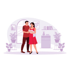 Portrait of a happy little family, parents, and a cute baby boy at home. Trend Modern vector flat illustration.