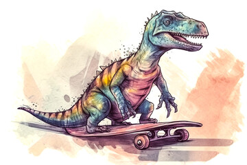 watercolor artwork featuring a hipster T-Rex riding a skateboard ai generation