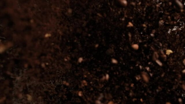 Slow-motion close-up of broken coffee beans and coffee powder splashing on dark background. High quality creative footage for promotional video editing