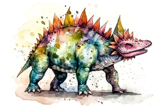 Dynamic watercolor illustration capturing a dinosaur in splashes of paint ai