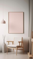 a blank frame hanging above a wooden chair in empty room, in the style of calming and introspective aesthetic interior design generative ai