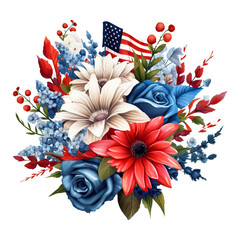 Flower bouquet with American flag and flowers USA Day transparent background