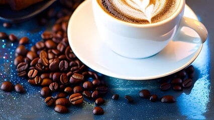 Cappuccino mug with espresso beans