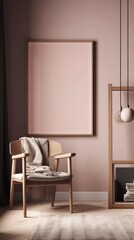a blank frame hanging above a wooden chair in empty room, in the style of calming and introspective aesthetic interior design generative ai