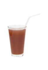 Brown mangosteen juice in tall square glass with straw isolated on cut out PNG. Rich vitamin in...