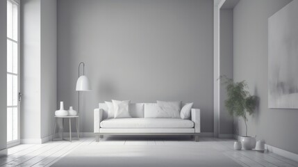 modern living room in the style of japanese minimalism in grey warm tone, calming and introspective aesthetic interior design generative ai