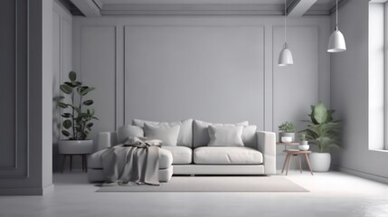 modern living room in the style of japanese minimalism in grey warm tone, calming and introspective aesthetic interior design generative ai