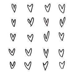 Hand drawn hearts. Design elements for Valentine's day. Hand drawn rough marker hearts isolated on white background. Set of unique hand drawn hearts. Painted design elements.