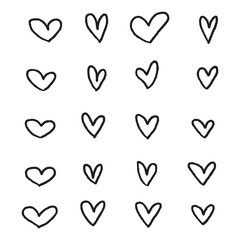 Hand drawn hearts. Design elements for Valentine's day. Hand drawn rough marker hearts isolated on white background. Set of unique hand drawn hearts. Painted design elements.