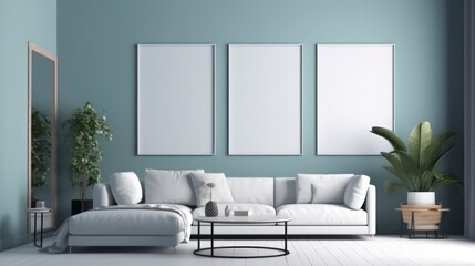 a blank canvas poster in a modern living room in the style of scandinavian minimalism, calming and introspective aesthetic interior design generative ai
