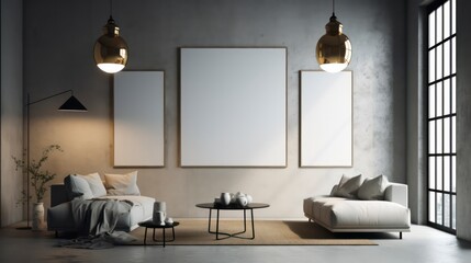 blank canvas poster in a modern living room in the style of scandinavian minimalism, calming and introspective aesthetic interior design generative ai