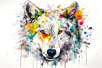 Vibrant watercolor illustration of a wolf by fluid patterns ai - obrazy, fototapety, plakaty