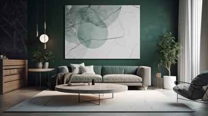 modern living room in the style of japanese minimalism in green warm tone, calming and introspective aesthetic interior design generative ai