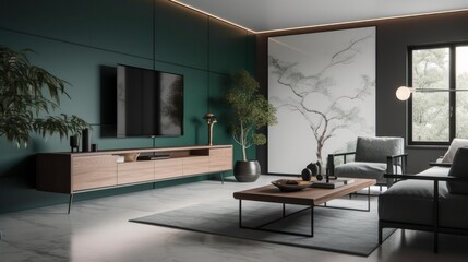 Fototapeta na wymiar modern living room in the style of japanese minimalism in green warm tone, calming and introspective aesthetic interior design generative ai