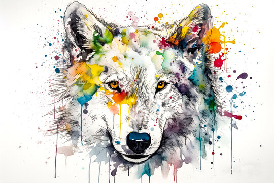 Vibrant watercolor illustration of a wolf by fluid patterns ai