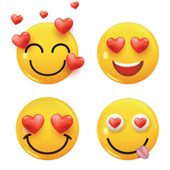 Set of 3d icon yellow color smile emoji with hearts. Set Icon Smile Emoji. Vector