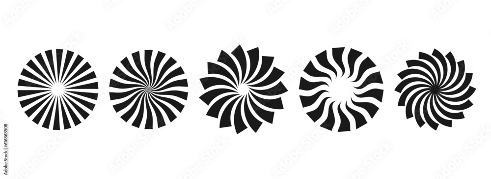 Poster Simple curl sunburst circles collection. Black radial twisted elements pack. Set of round rays and beams. Geometric stars pack. Vector illustration concept for banner, badge, sticker, poster.