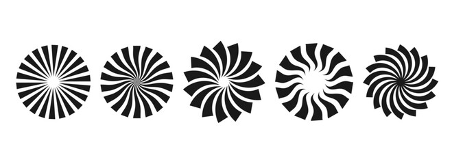 Simple curl sunburst circles collection. Black radial twisted elements pack. Set of round rays and beams. Geometric stars pack. Vector illustration concept for banner, badge, sticker, poster.
