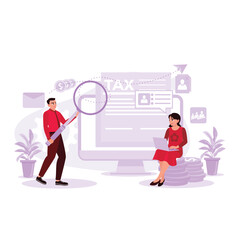 The young executive is pressing the tax button on the screen, and the secretary is sitting on a pile of coins and using a laptop. The concept of paying taxes and calculating income tax. Trend Modern v