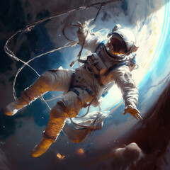 Retro decorated astronaut in cosmic space, retro painting style