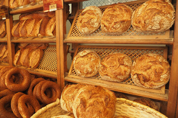  fresh baked breads at Farmers Market shelves in istanbul .