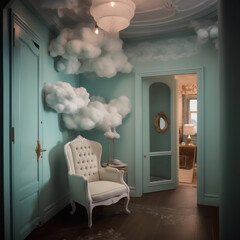 Surreal performance, clouds and mist in European high-end home interior