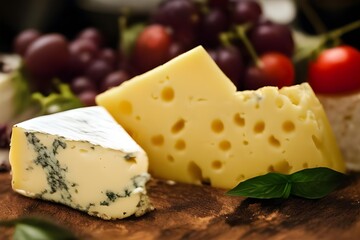A wonderful cheese is on the table, with other elements in the background, creating a mouth-watering scene