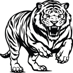 Angry Roaring Tiger Jumping Forward Logo Monochrome Design Style