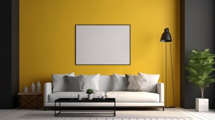 a blank canvas poster in a modern living room in the style of scandinavian minimalism, calming and introspective aesthetic interior design generative ai